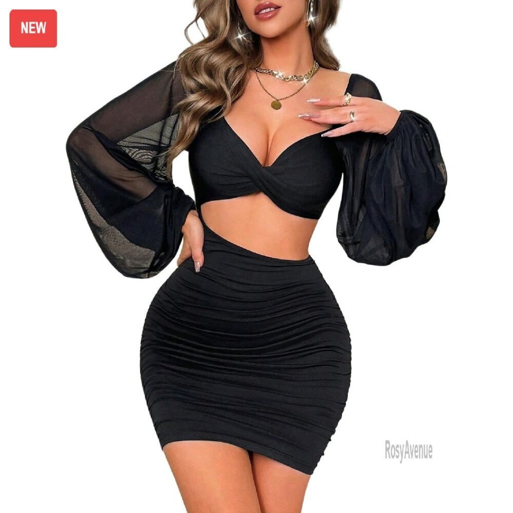 Sheer Sleeve Cut Out Bodycon Mini Dress Sweetheart Neckline